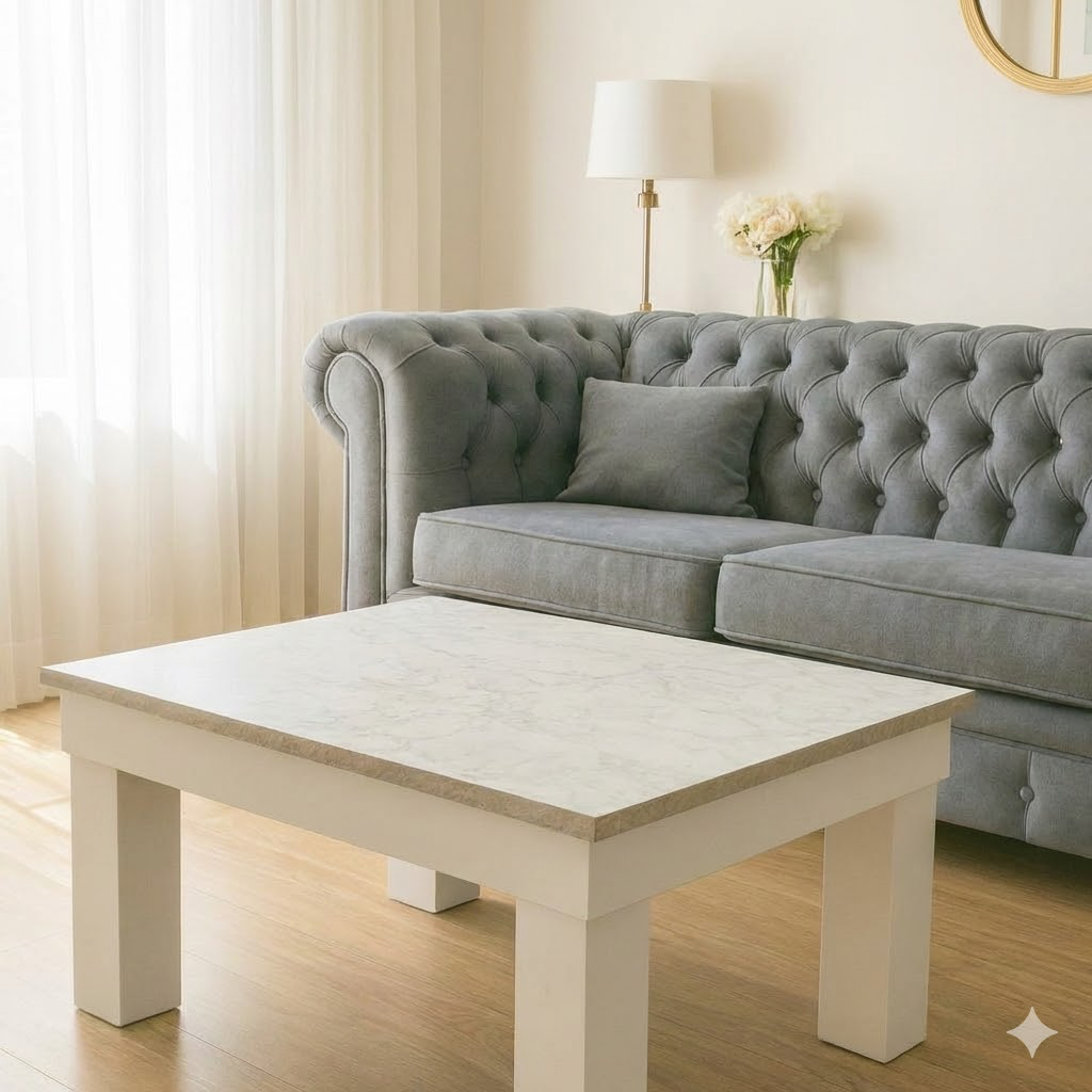 Mesa Ratona 80x60 simil carrara patas blancas