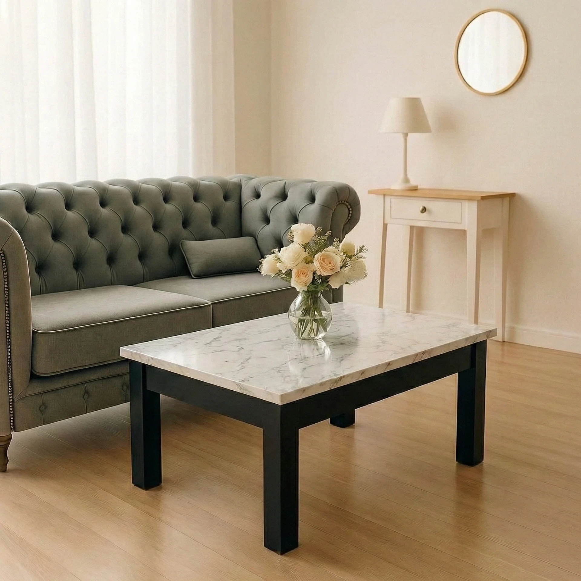 Mesa Ratona 80x60 simil carrara patas negras