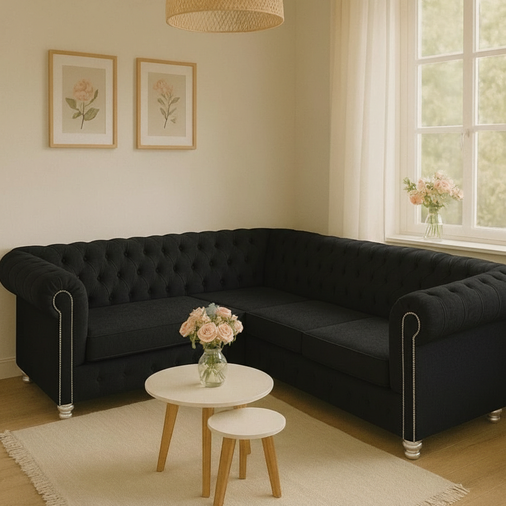 Sillón Chester esquinero 220x160 (Pana cross – Black, Plateadas, Lado izquierdo mirando de frente)